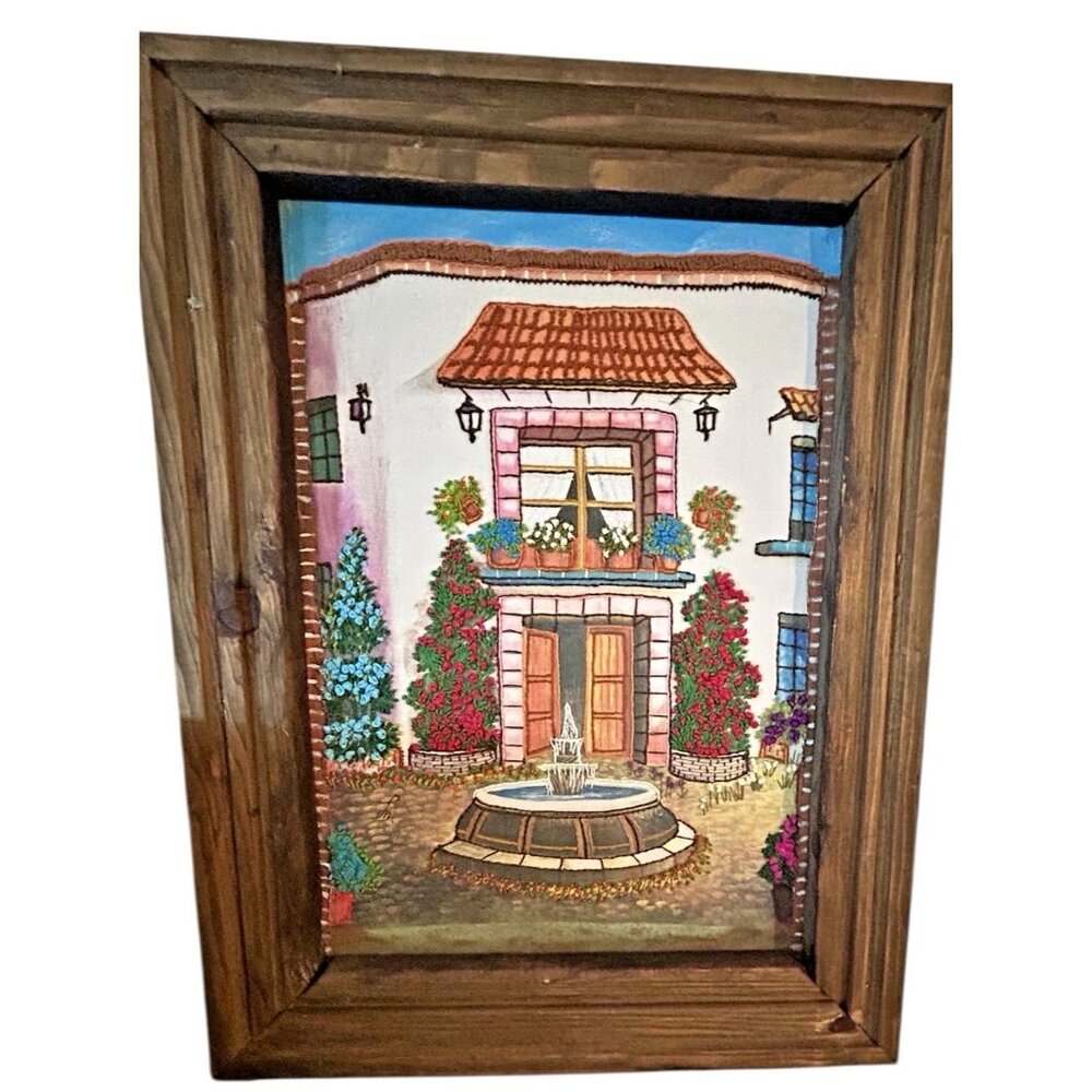 Mexican Folk Art Mixed Media Painting Courtyard Flower Garden Embroidered Signed